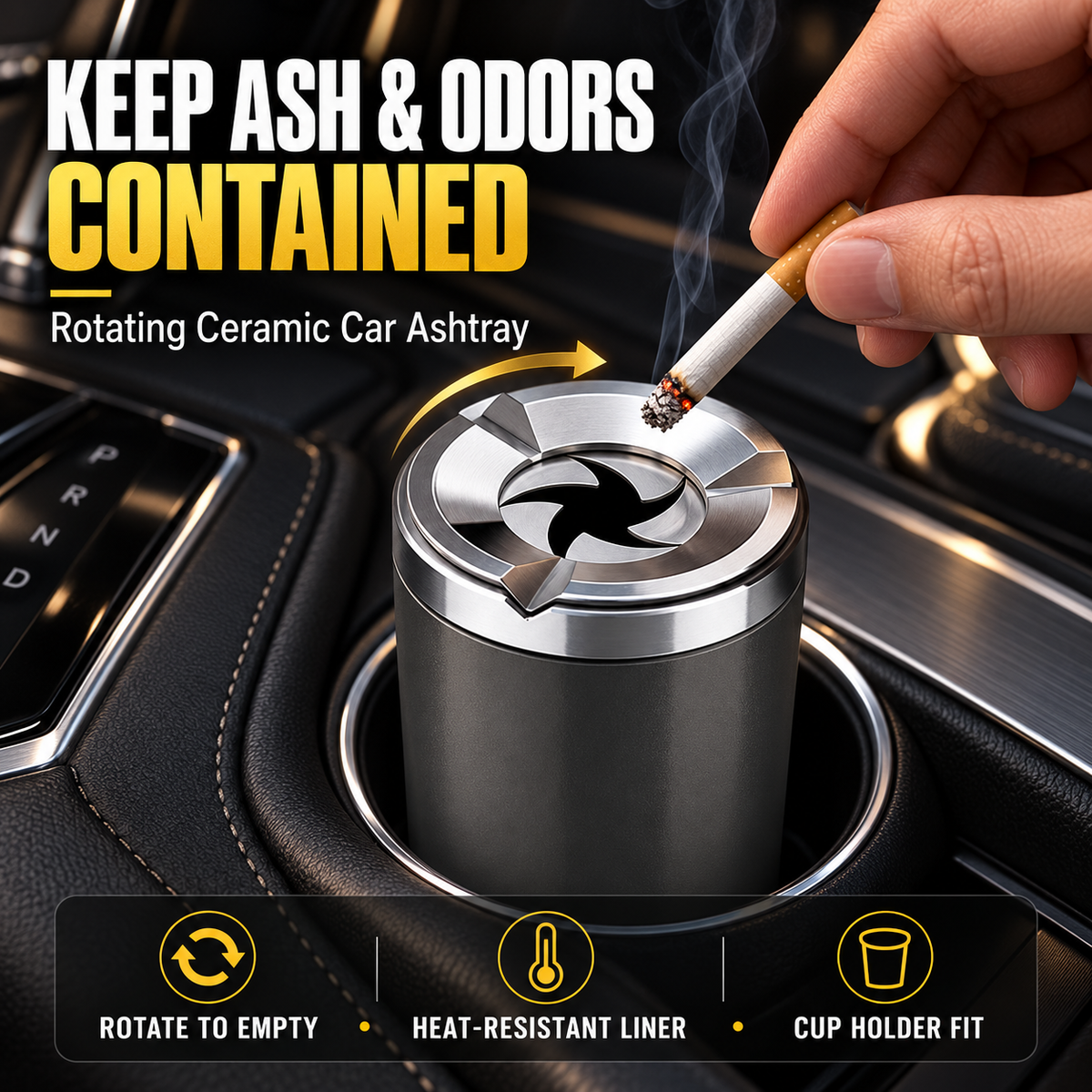 🚗 Rotating Car Ashtray with Ceramic Liner – Spill-Proof, Heat-Resistant & Easy to Clean