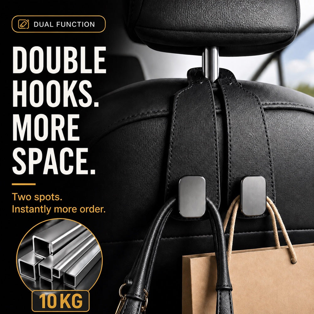 ✨ Auto Headrest Hooks 🚗🛑 Anti-Tip Protection During Hard Braking | Sturdy Double Hooks for 🛍️ Shopping Bags, 👜 Handbags, 🎒 Backpacks & 🥡 Takeaway | Soft Faux Leather