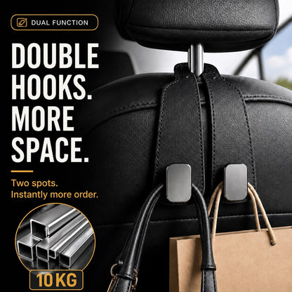 ✨ Auto Headrest Hooks 🚗🛑 Anti-Tip Protection During Hard Braking | Sturdy Double Hooks for 🛍️ Shopping Bags, 👜 Handbags, 🎒 Backpacks & 🥡 Takeaway | Soft Faux Leather