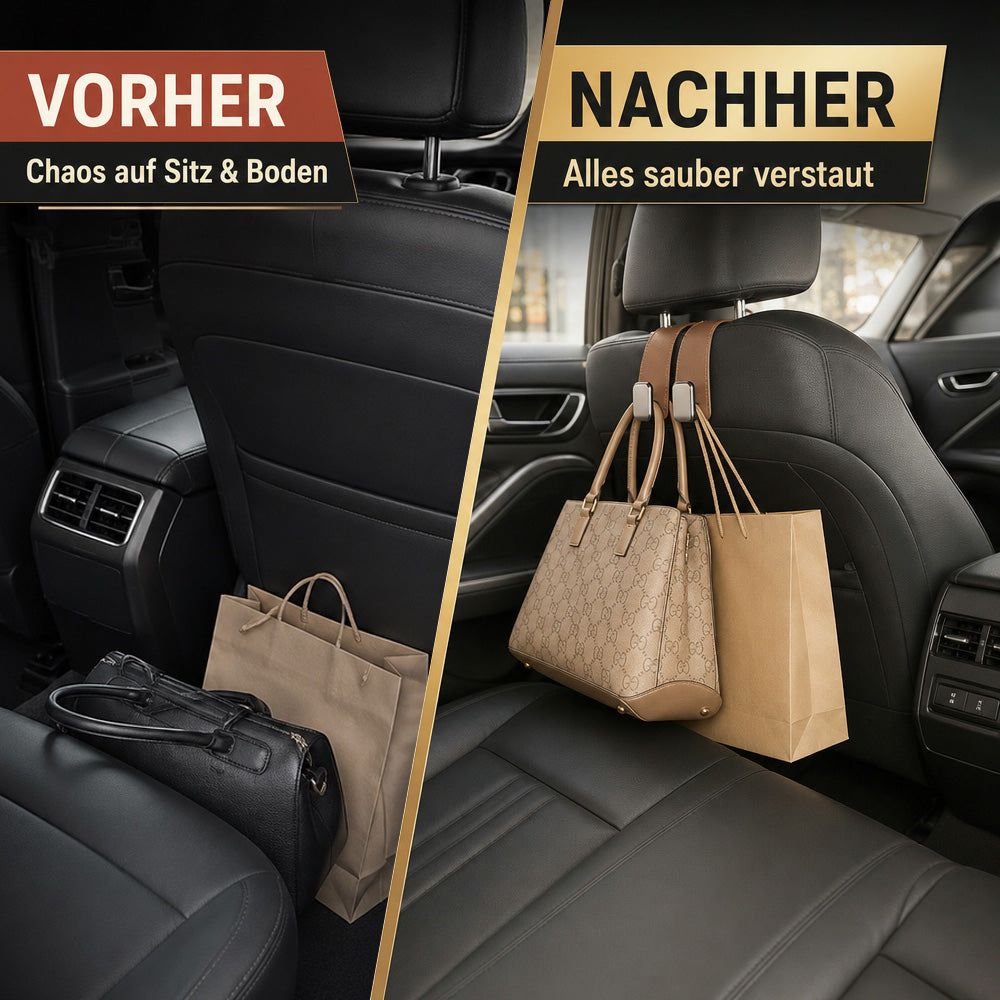 ✨ Auto Headrest Hooks 🚗🛑 Anti-Tip Protection During Hard Braking | Sturdy Double Hooks for 🛍️ Shopping Bags, 👜 Handbags, 🎒 Backpacks & 🥡 Takeaway | Soft Faux Leather