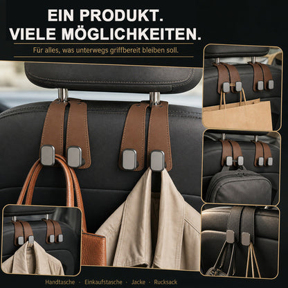 ✨ Auto Headrest Hooks 🚗🛑 Anti-Tip Protection During Hard Braking | Sturdy Double Hooks for 🛍️ Shopping Bags, 👜 Handbags, 🎒 Backpacks & 🥡 Takeaway | Soft Faux Leather