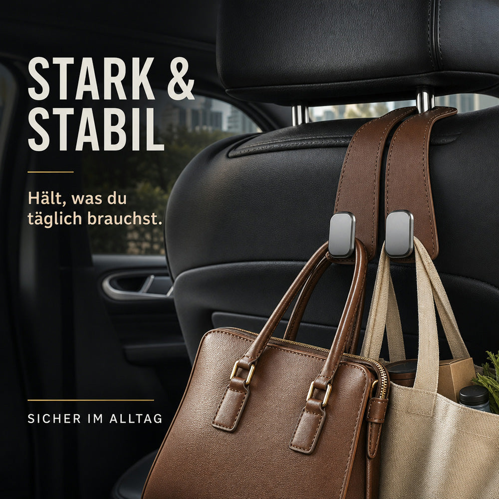 ✨ Auto Headrest Hooks 🚗🛑 Anti-Tip Protection During Hard Braking | Sturdy Double Hooks for 🛍️ Shopping Bags, 👜 Handbags, 🎒 Backpacks & 🥡 Takeaway | Soft Faux Leather