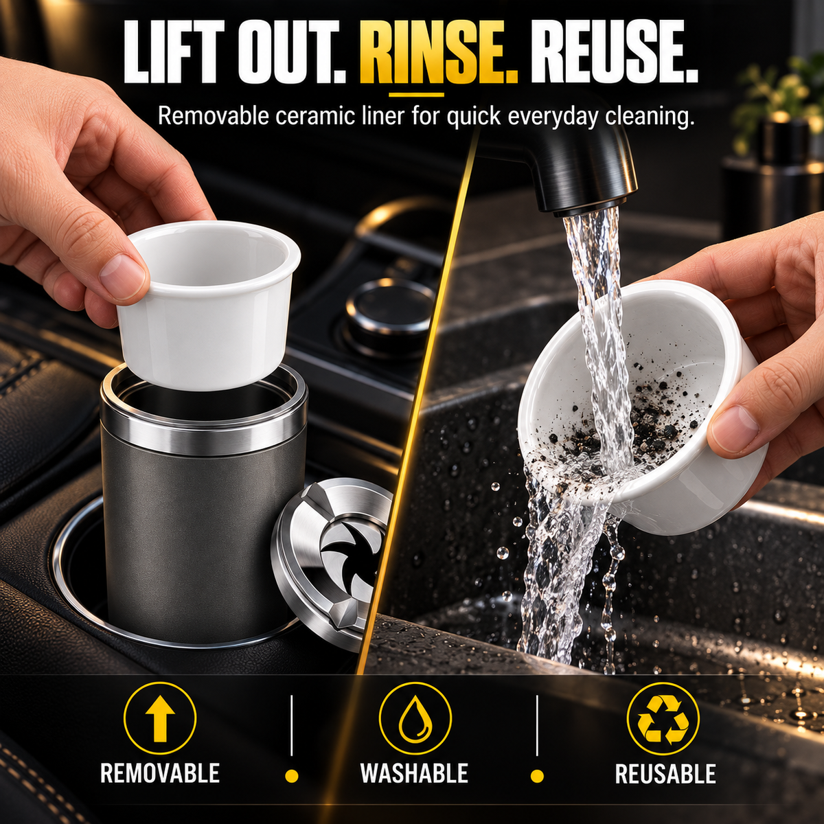 🚗 Rotating Car Ashtray with Ceramic Liner – Spill-Proof, Heat-Resistant & Easy to Clean