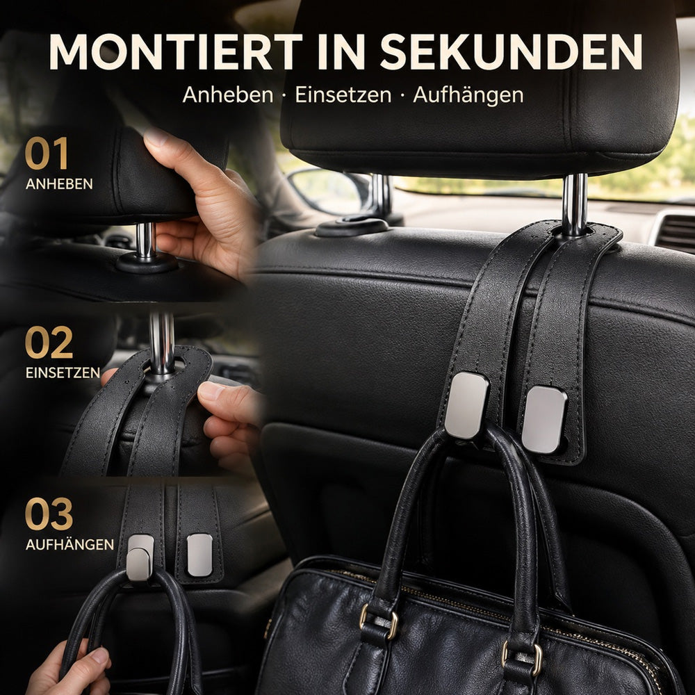 ✨ Auto Headrest Hooks 🚗🛑 Anti-Tip Protection During Hard Braking | Sturdy Double Hooks for 🛍️ Shopping Bags, 👜 Handbags, 🎒 Backpacks & 🥡 Takeaway | Soft Faux Leather
