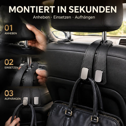 ✨ Auto Headrest Hooks 🚗🛑 Anti-Tip Protection During Hard Braking | Sturdy Double Hooks for 🛍️ Shopping Bags, 👜 Handbags, 🎒 Backpacks & 🥡 Takeaway | Soft Faux Leather