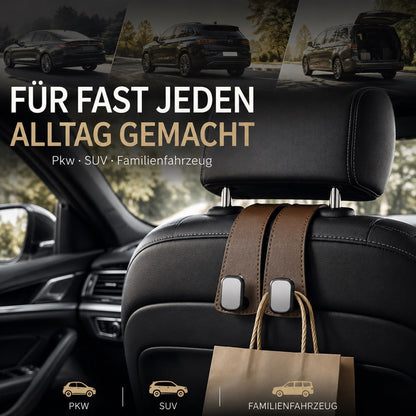 ✨ Auto Headrest Hooks 🚗🛑 Anti-Tip Protection During Hard Braking | Sturdy Double Hooks for 🛍️ Shopping Bags, 👜 Handbags, 🎒 Backpacks & 🥡 Takeaway | Soft Faux Leather