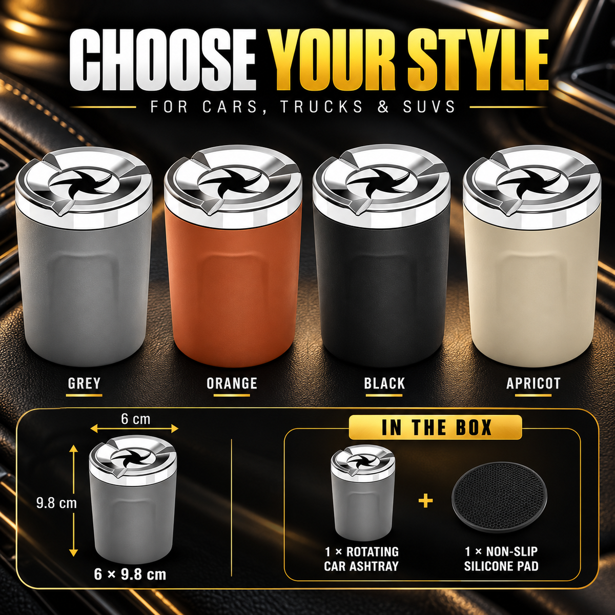 🚗 Rotating Car Ashtray with Ceramic Liner – Spill-Proof, Heat-Resistant & Easy to Clean