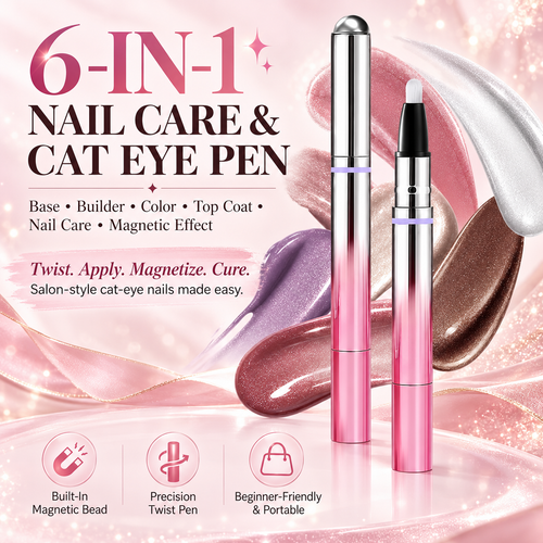 ✨6-in-1 Nail Care & Cat Eye Pen – All-in-One Base, Builder, Color & Top Coat with Magnetic Bead