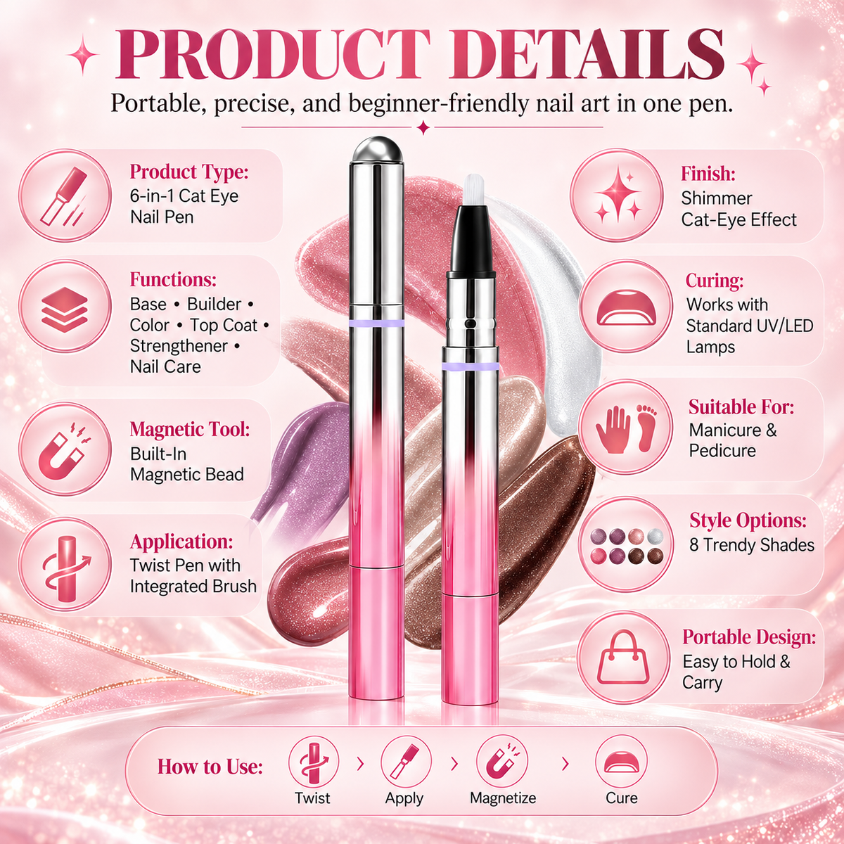 ✨6-in-1 Nail Care & Cat Eye Pen – All-in-One Base, Builder, Color & Top Coat with Magnetic Bead